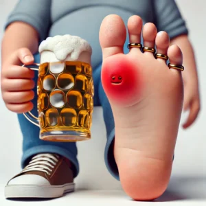 Người béo phì cầm ly bia với bàn chân sưng đỏ do bệnh gout